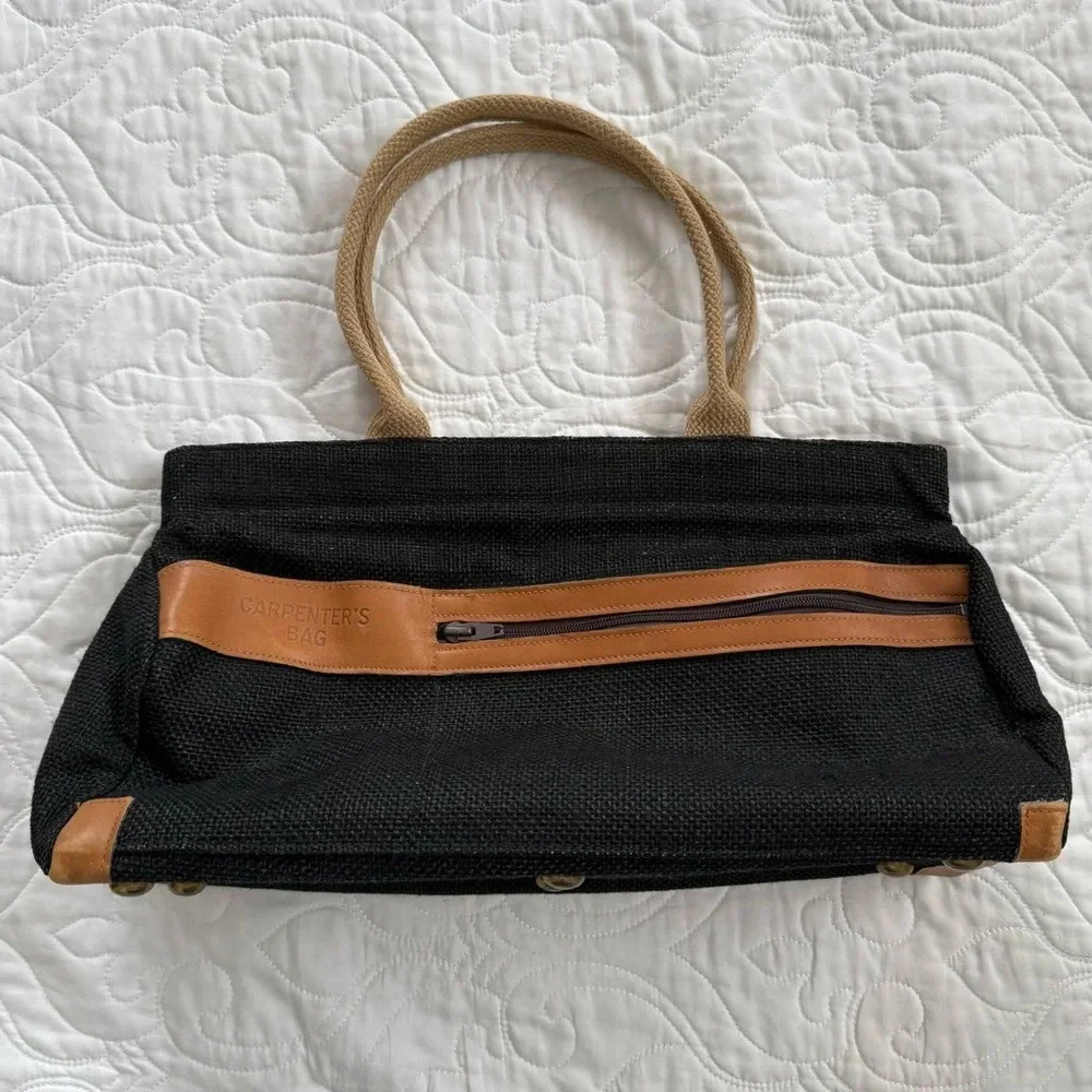 Vtg Davey’s Hard to Find Black Rattan Leather Trim Carpenter’s Bag Handbag EUC